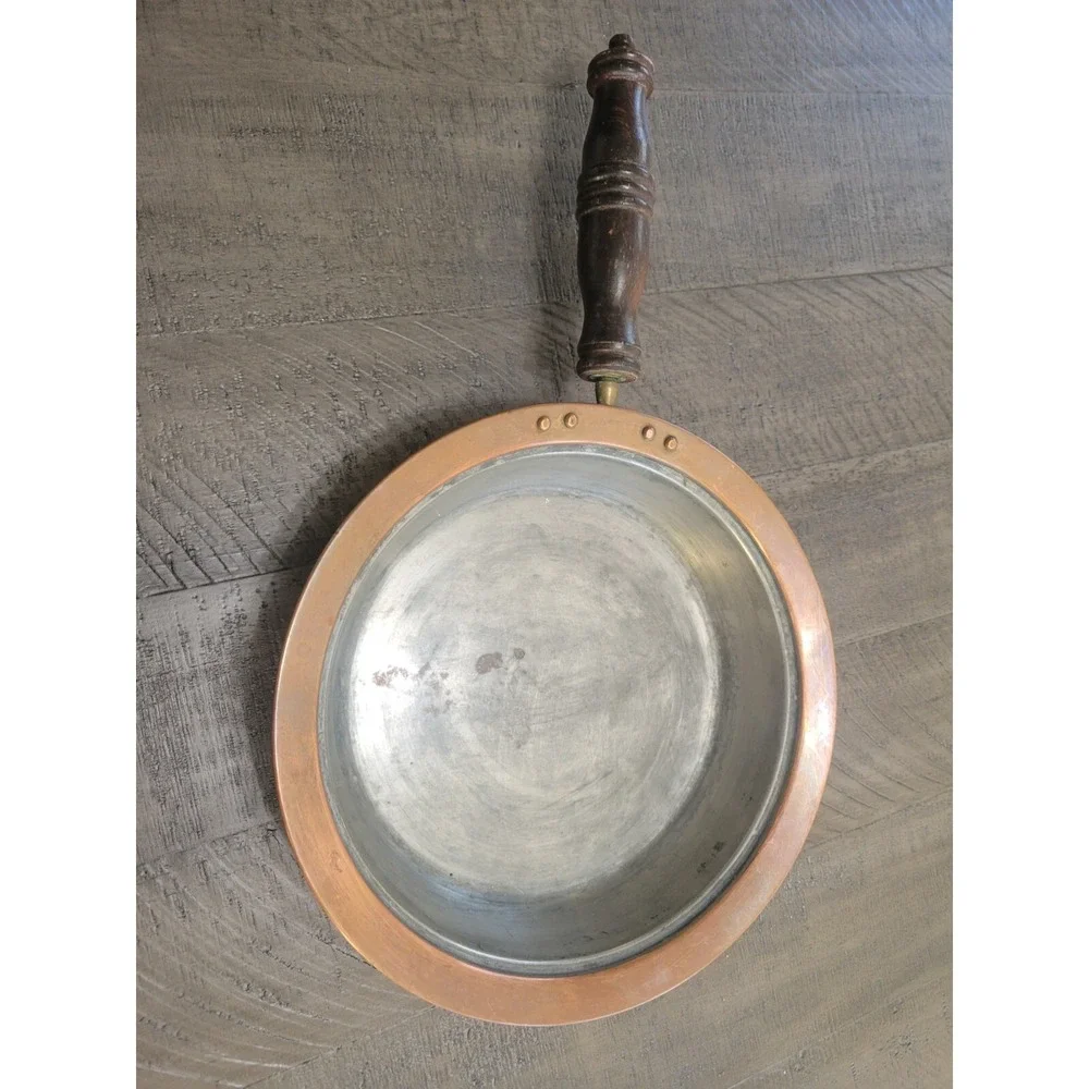 VINTAGE COPPER TIN Lined WOOD Handle COOKING Pan With Brass 9 1/2 Inch Diameter